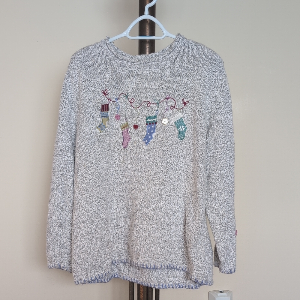 CJ Banks Cream Marled Sweater with Colorful Stocking Embroidery